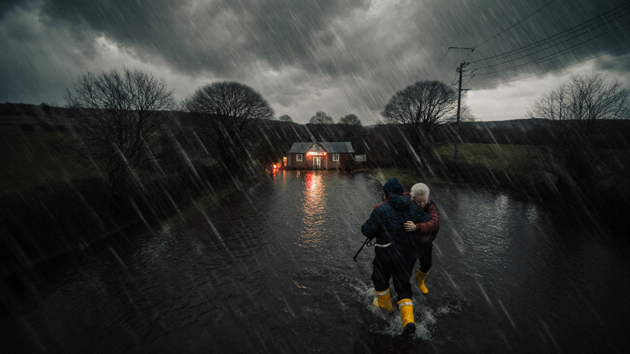 A volunteer carries an elderly woman through floodwaters during Storm Fionn in Scotland.