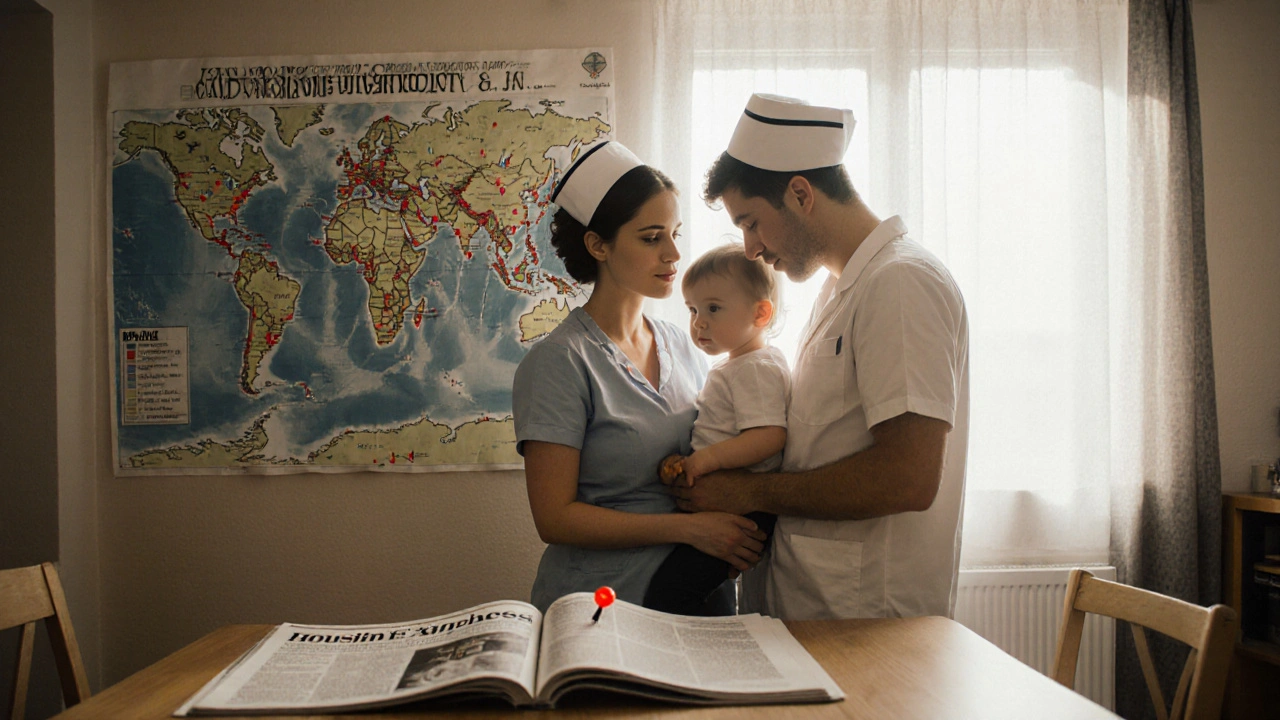 A young nurse couple holds their child in their small flat, surrounded by housing application pins.