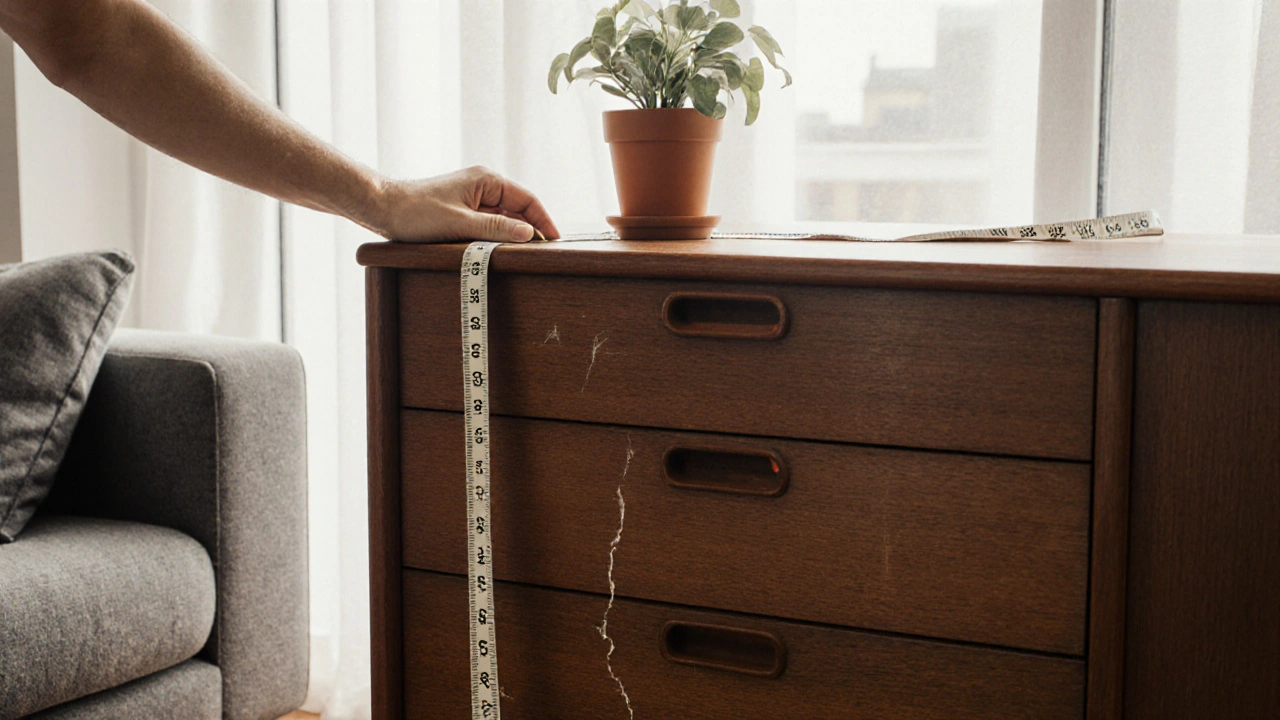 1950s teak credenza placed beside a modern sofa in a sunlit London flat, showing original handles and a subtle scratch.