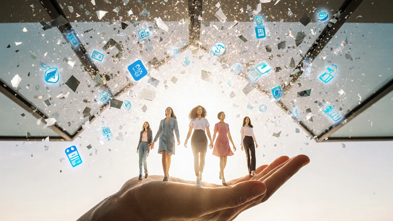 A hand breaking through a glass ceiling made of data icons representing female-led tech innovations.