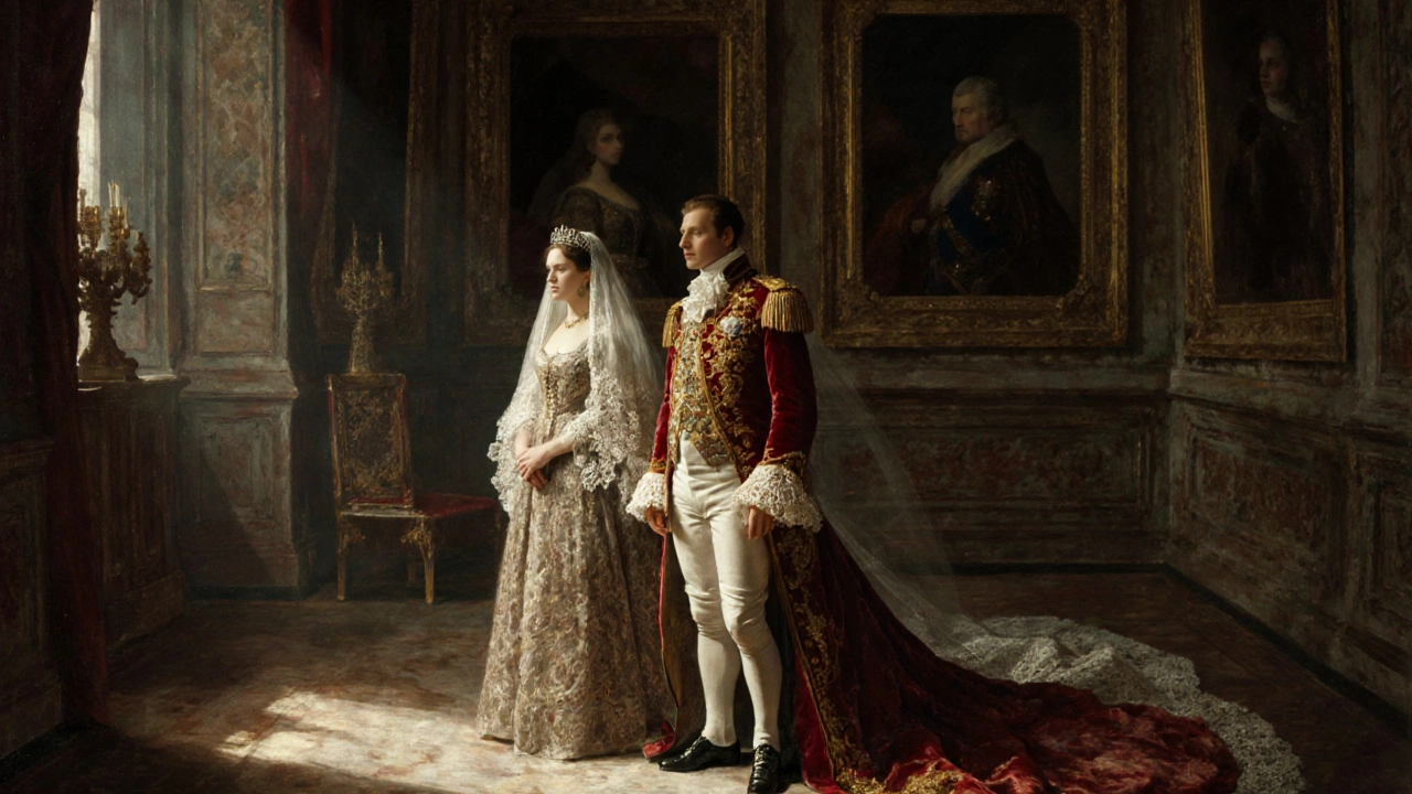 A peer in court dress with breeches and lace cuffs beside a woman in a tiara and train.