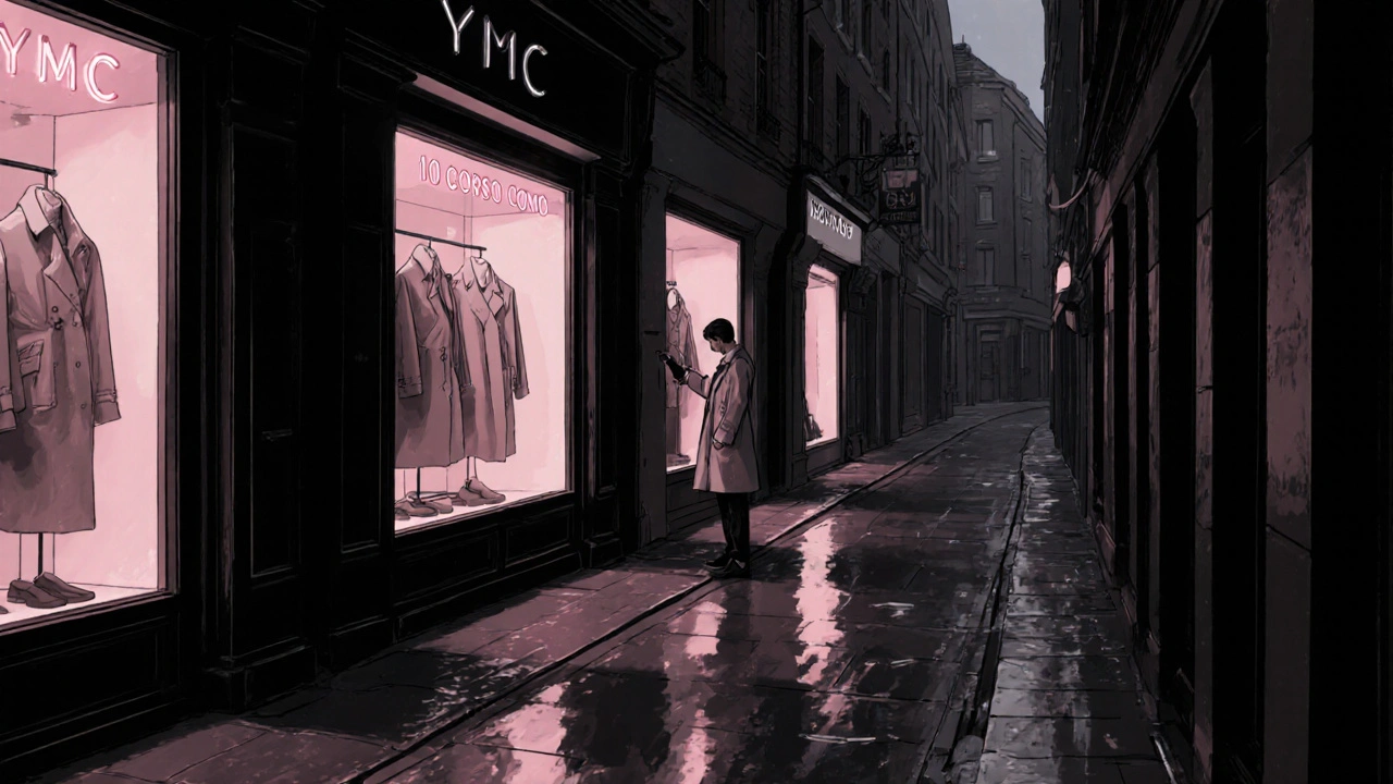 A quiet Soho alley with minimalist boutiques glowing softly, showcasing timeless coats and muted fashion pieces in the window.