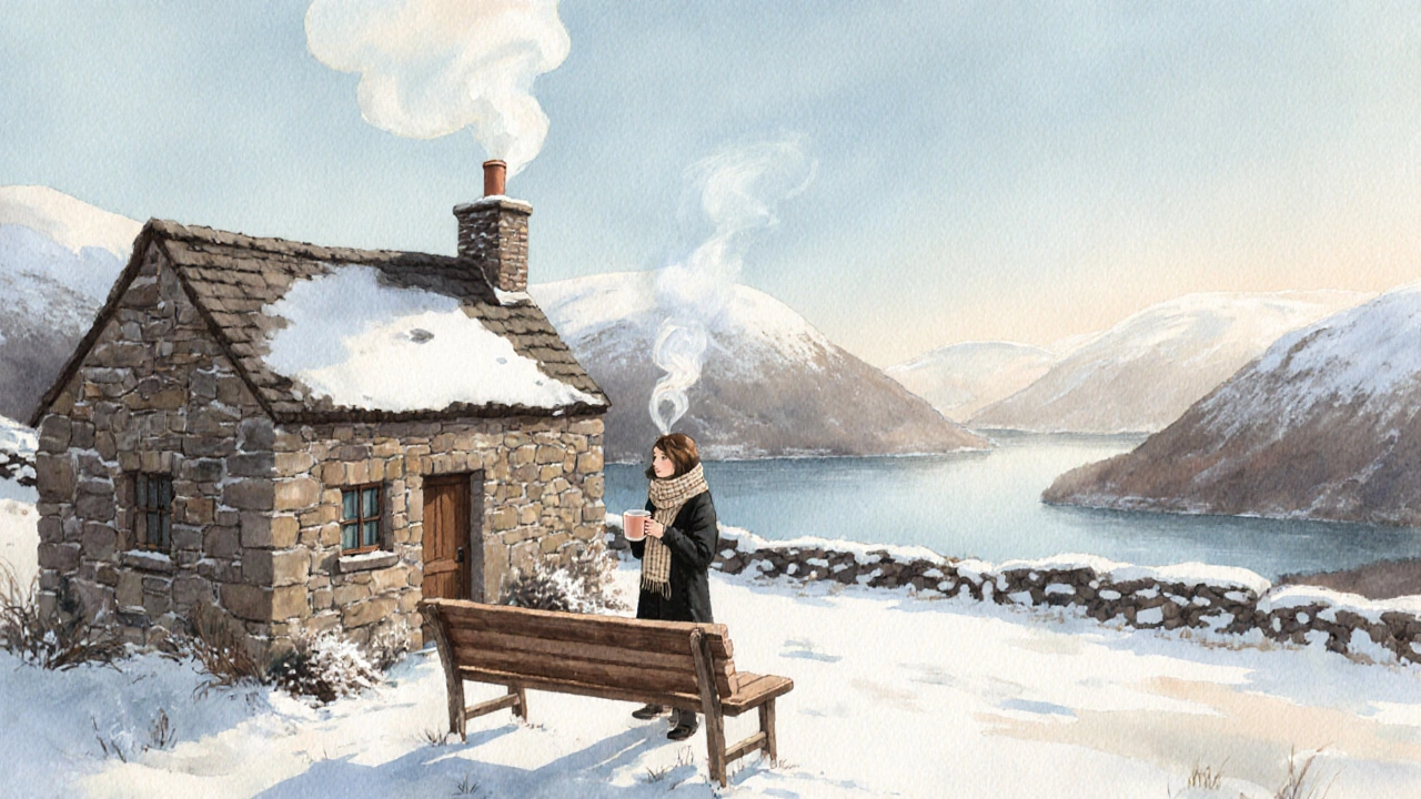 A vlogger stands with a mug in the snowy Lake District, mist rolling over the fells beside a cozy cottage.