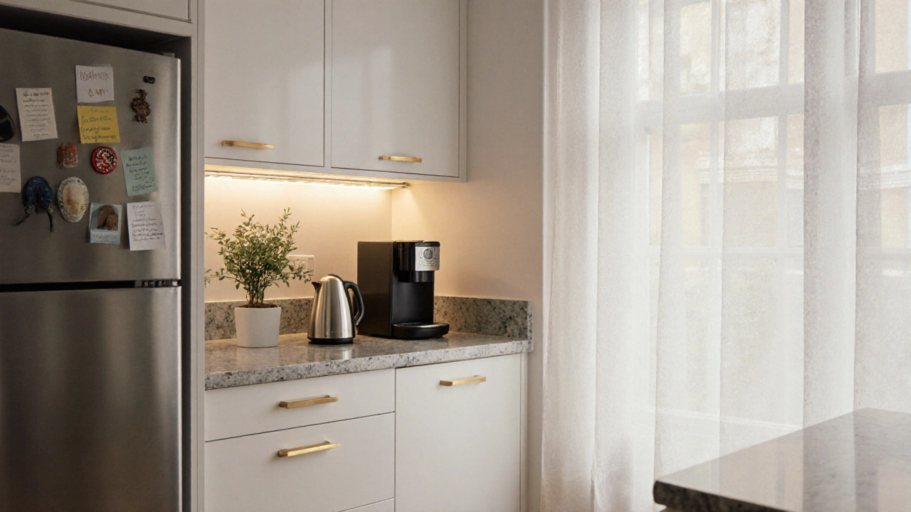 Clean, modern London kitchen with brass hardware, coffee machine, and sunlight streaming through sheer curtains.