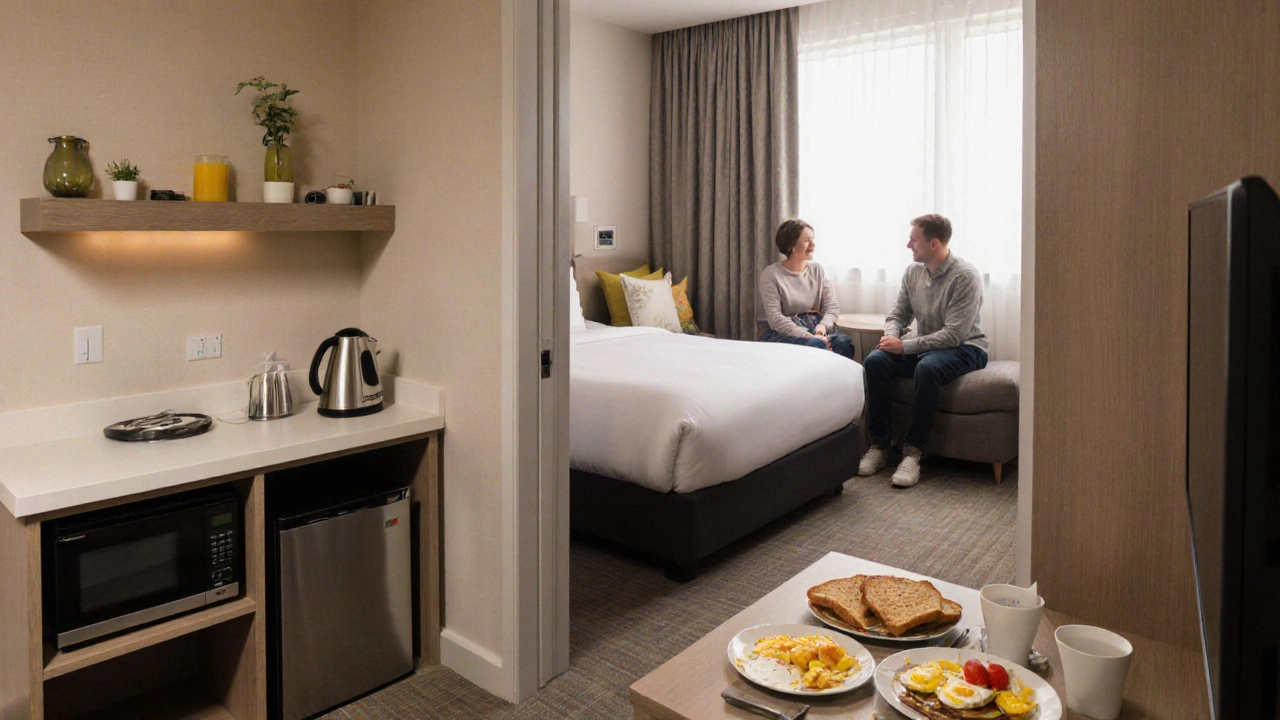 Connected hotel suite with king bed and twin beds, breakfast on table, microwave and kettle visible.