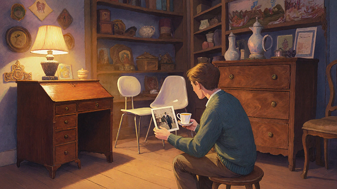 Cozy antique shop interior in Richmond with 1930s desks and 1960s chairs, dealer offering tea to a customer with an old photo.