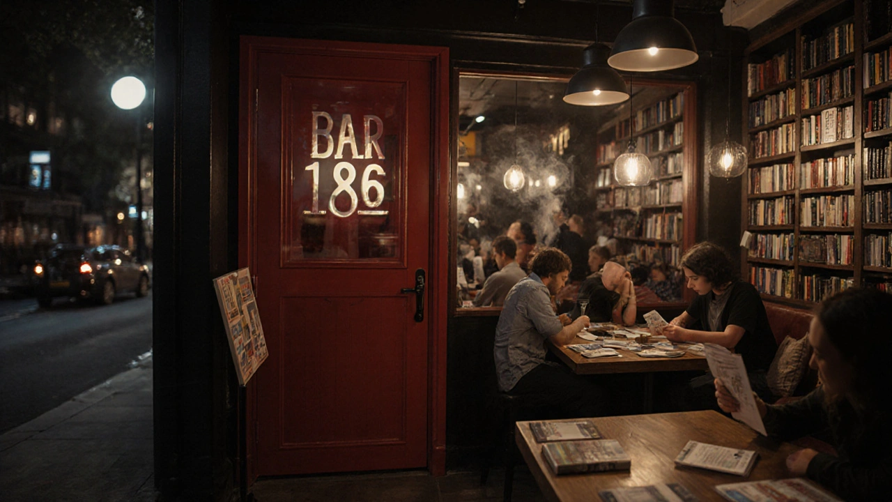 Cozy hidden bar with people reading zines and talking softly, incense smoke, red door entrance behind a bookshop.