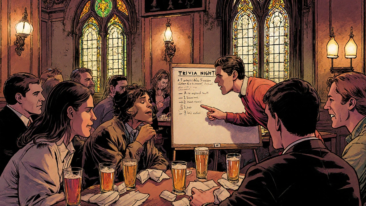 Crowd engaged in a trivia night at a cozy Islington pub under warm lamplight.