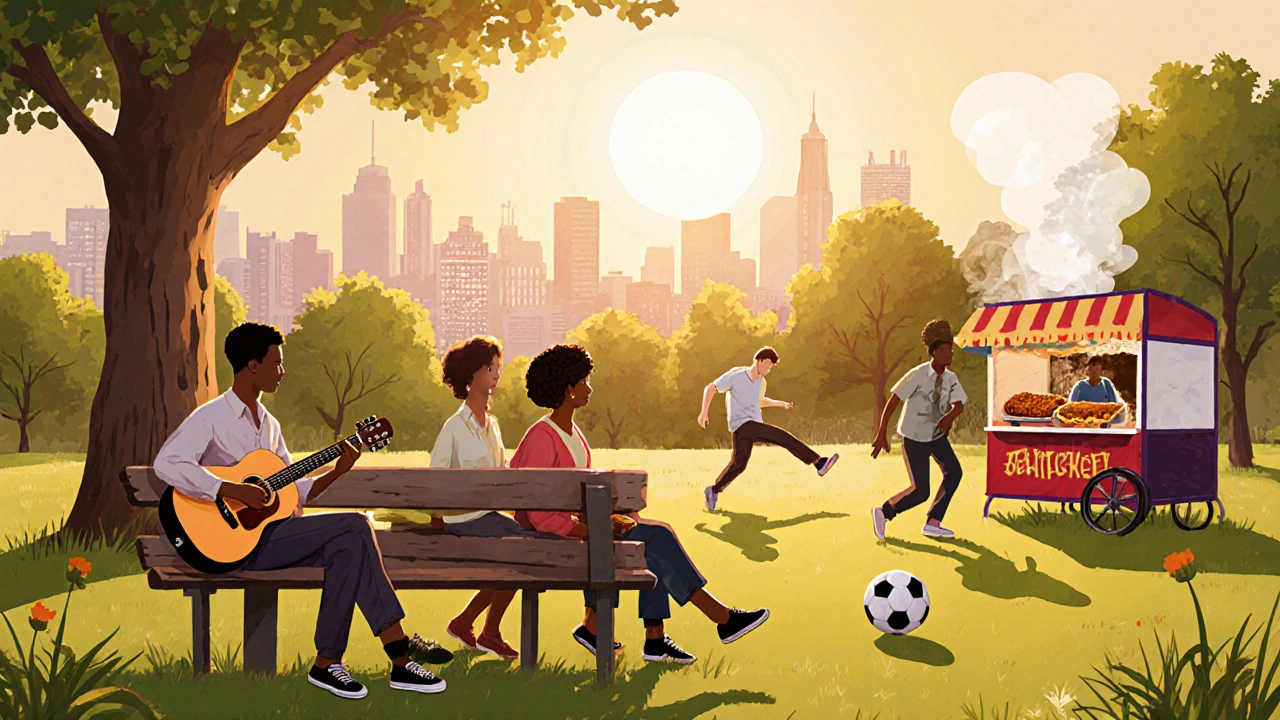 Diverse group enjoying a sunny Sunday in Peckham Rye Park with food, music, and football.