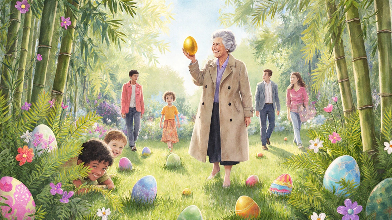 Families searching for colorful Easter eggs among flowers and bamboo at Kew Gardens.