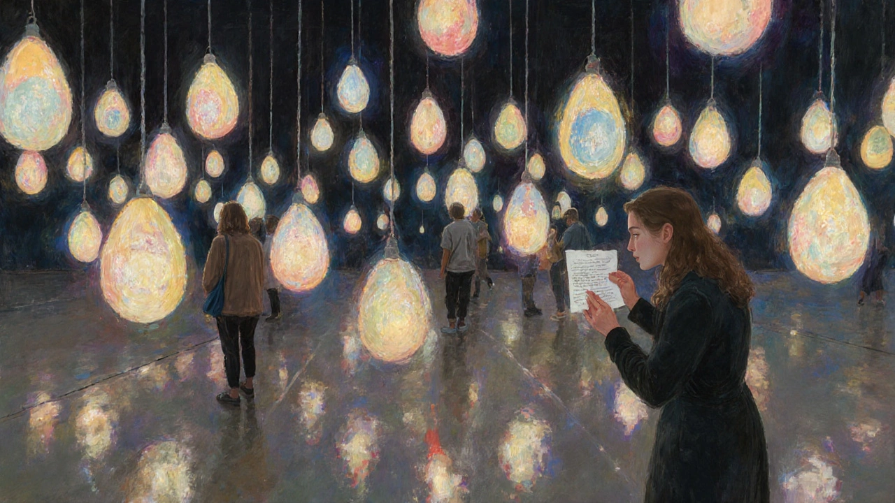 Glowing stained-glass eggs hanging in a dark room at Tate Modern with visitors adding notes.