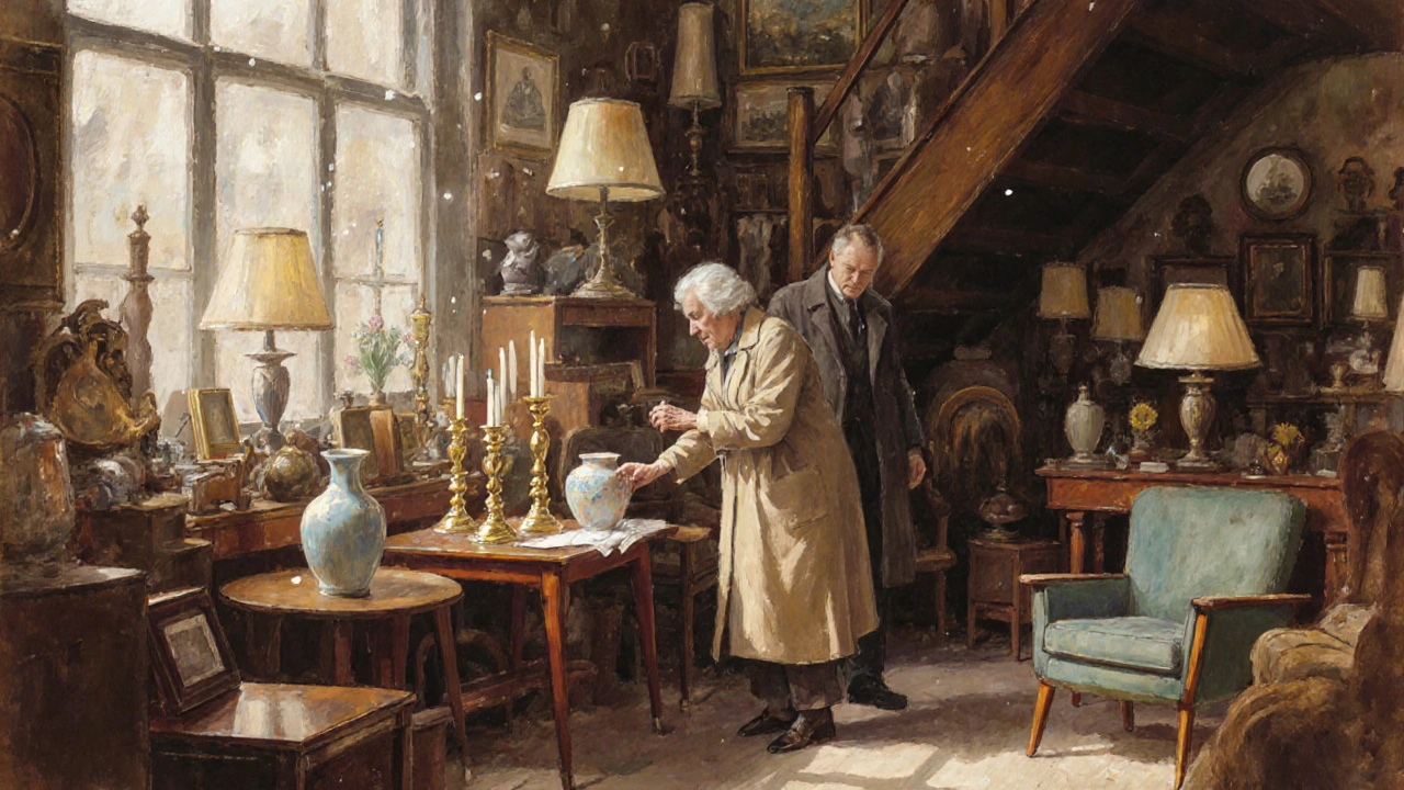 Interior of Islington Antiques Centre filled with vintage lamps, wooden furniture, and a woman examining a porcelain vase.