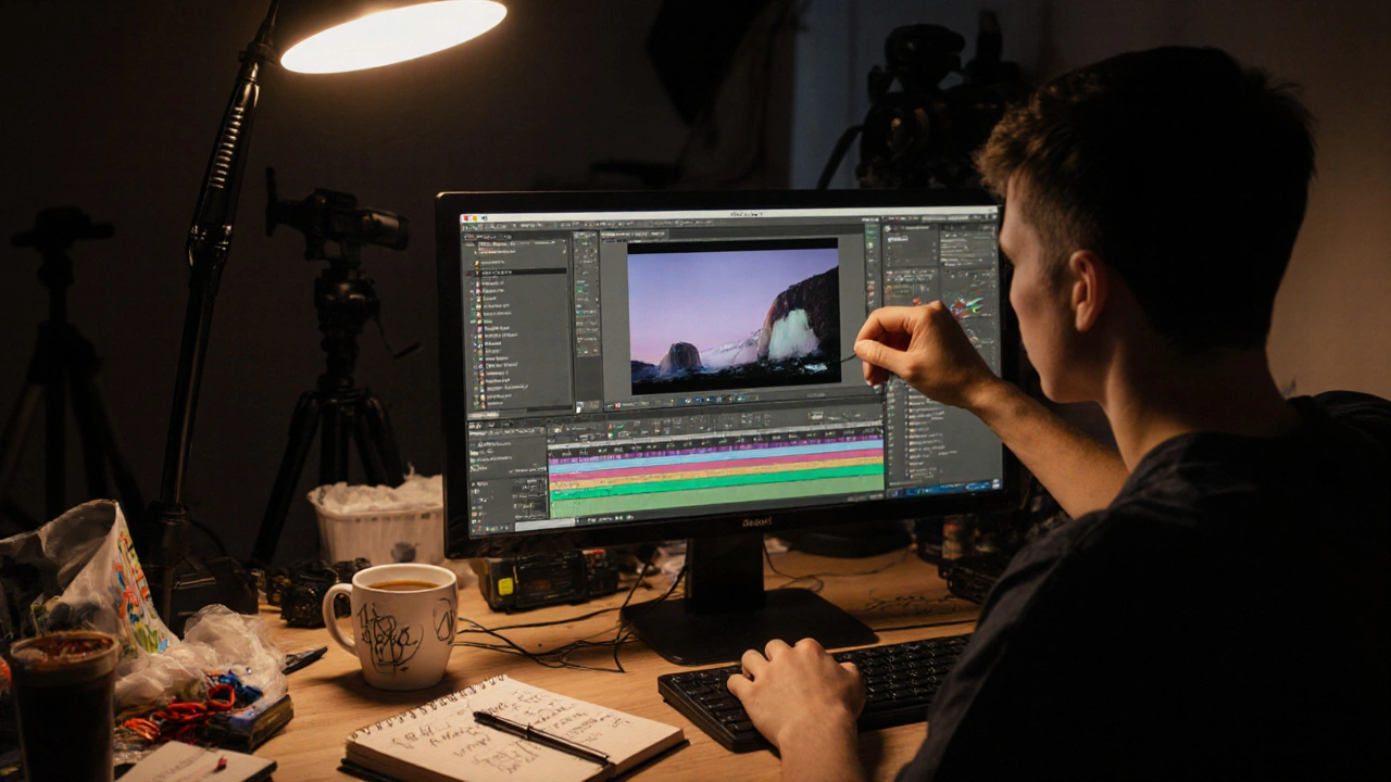 Photographer editing photos on a monitor in a dimly lit workspace, surrounded by gear and notes.