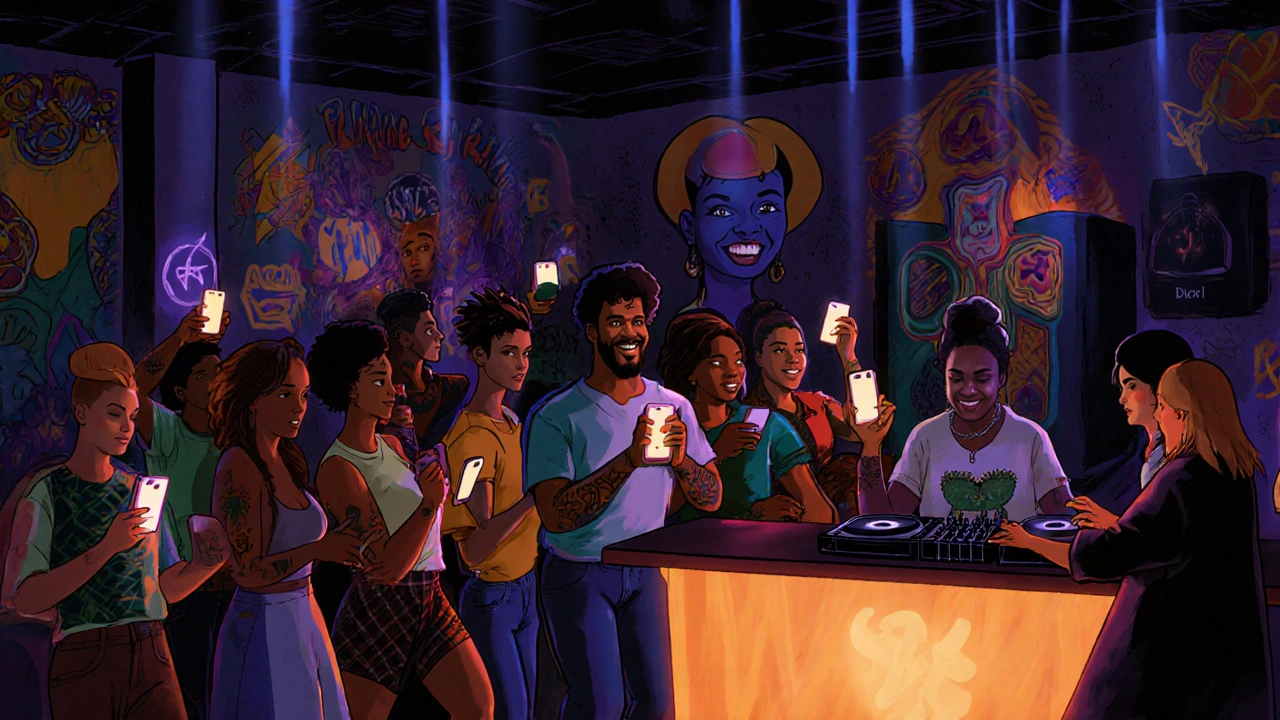 Queer POC community dancing in a dim basement club with Afrobeat music, murals on walls, warm glowing lights.