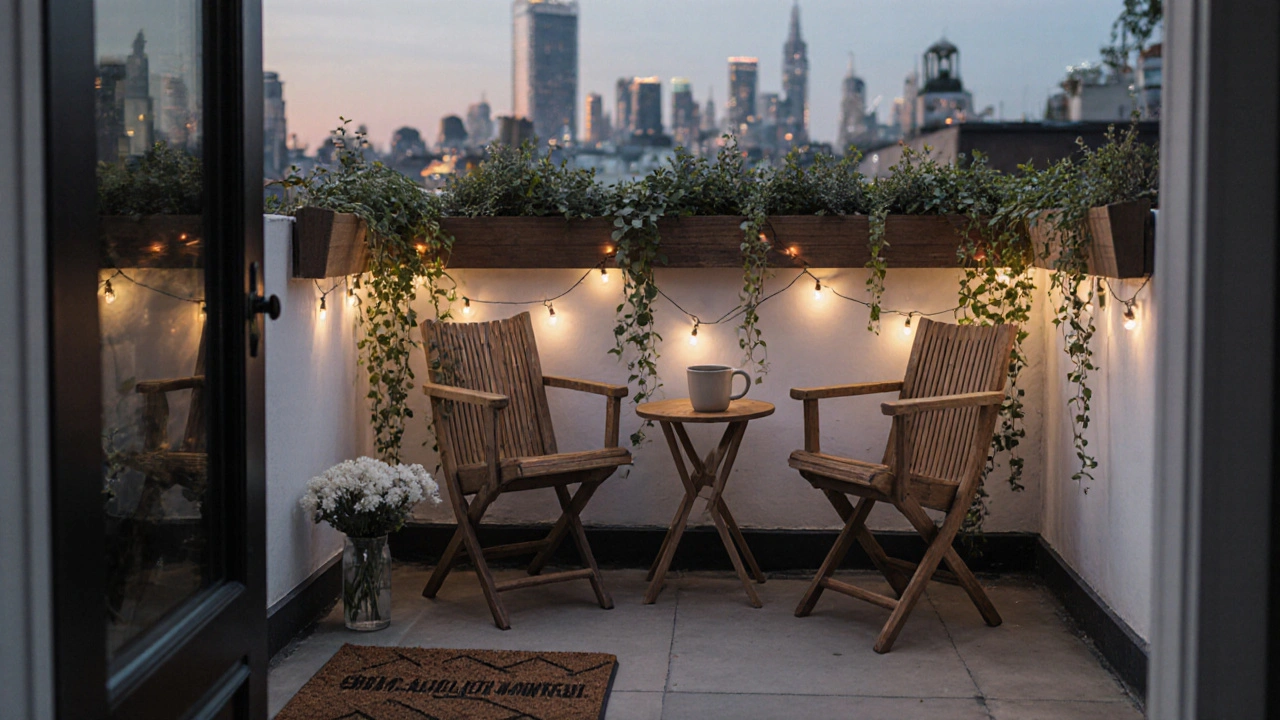 Small London balcony with fairy lights, two chairs, and vertical plants, creating a cozy urban retreat.