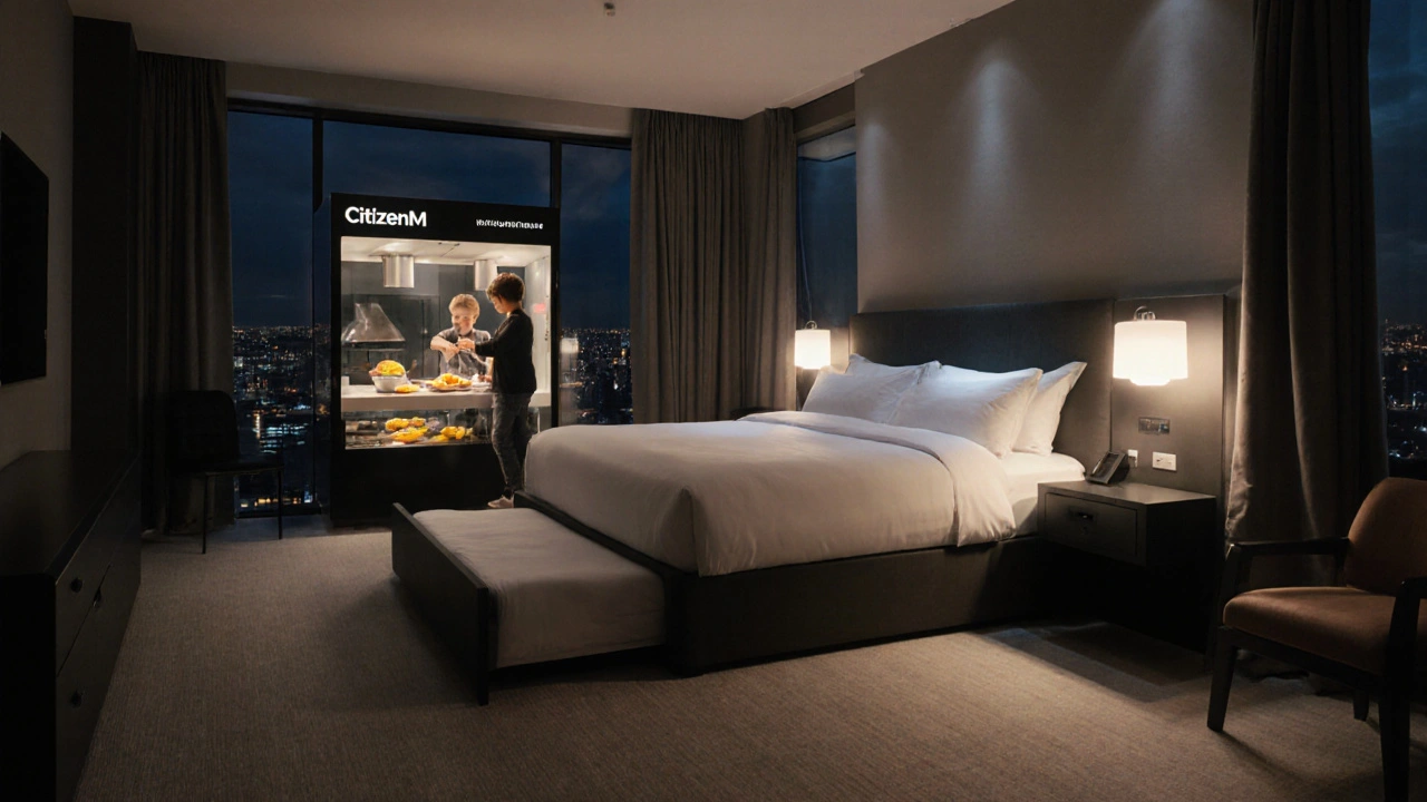 Smart hotel room with pull-out trundle bed, mood lighting, and breakfast kiosk, minimalist design.