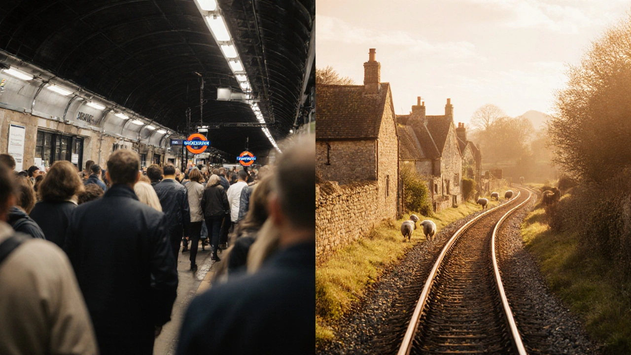 Split image: busy London Underground on one side, peaceful Cotswolds path on the other, connected by a train track.