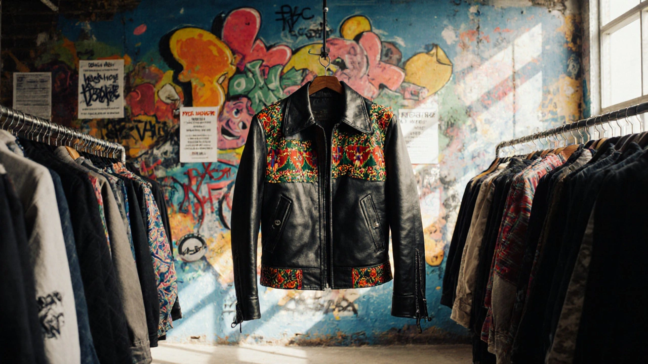 Vibrant streetwear from emerging designers displayed at a Peckham shop, blending African textiles with urban art and natural light.