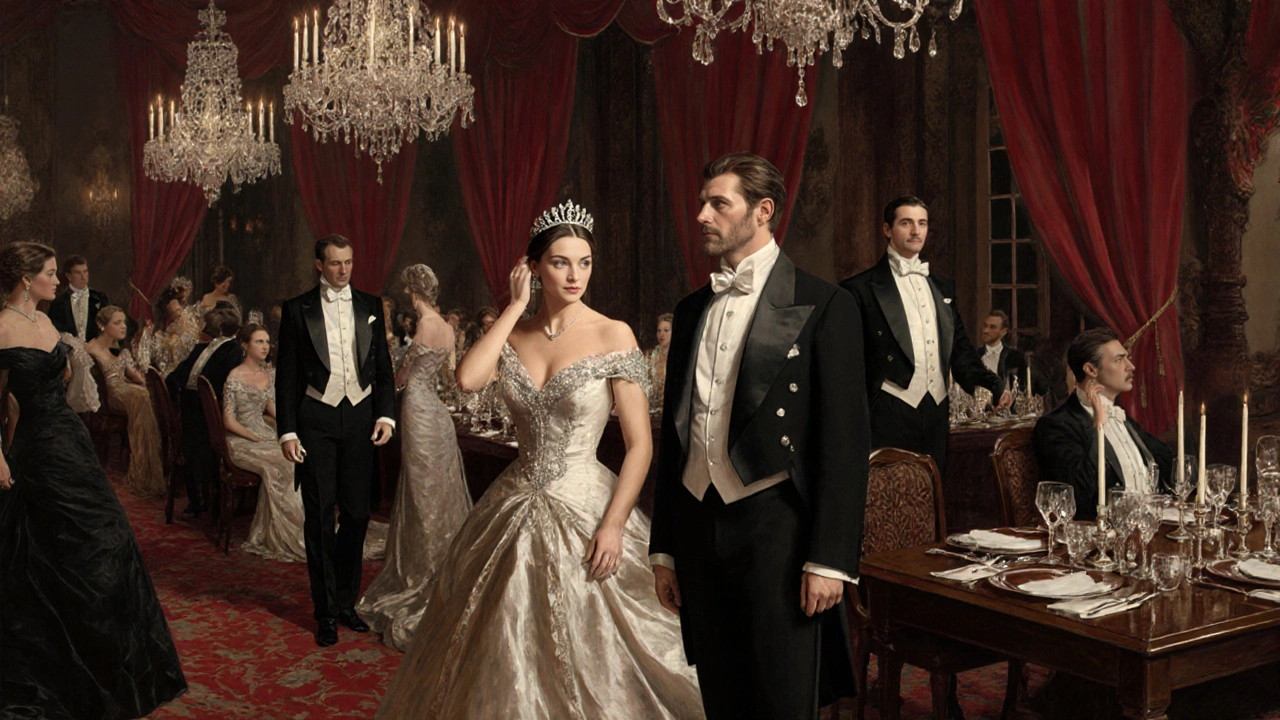 Women in evening gowns with tiaras and men in tailcoats at a grand state banquet.