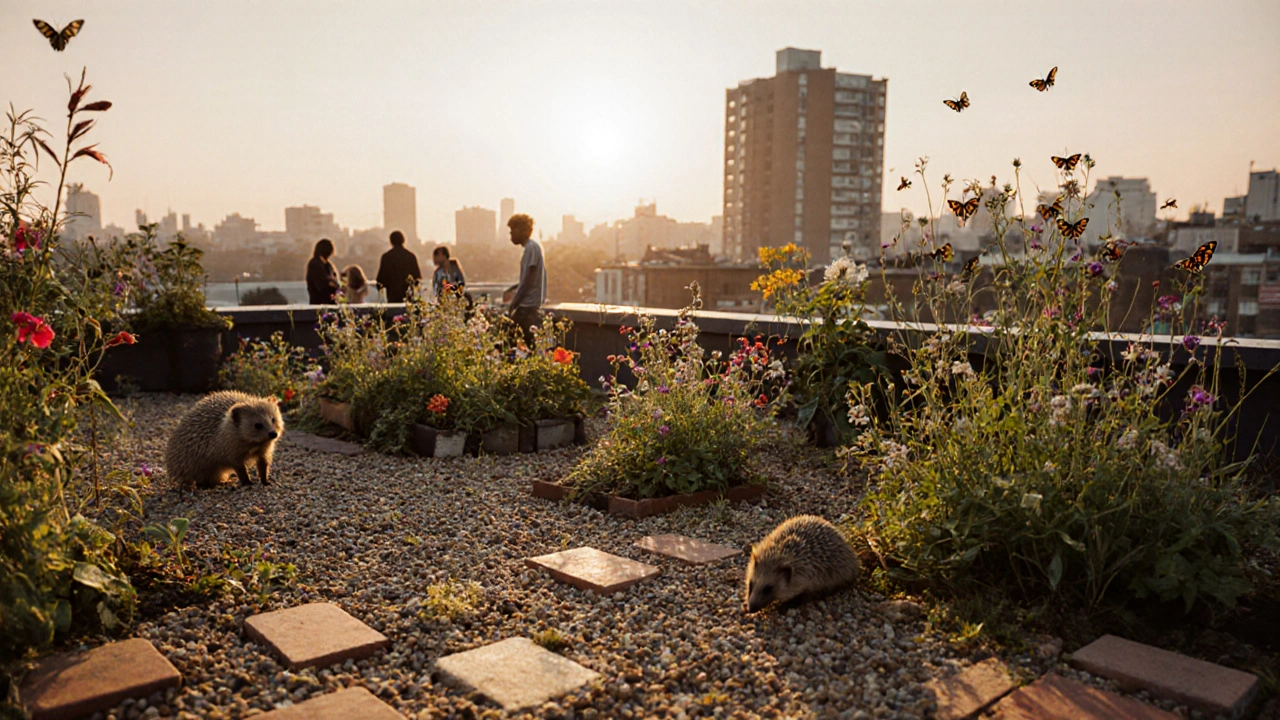 A biodiverse rooftop garden in London hosting bees, butterflies, and a hedgehog, with residents enjoying the space at dusk.