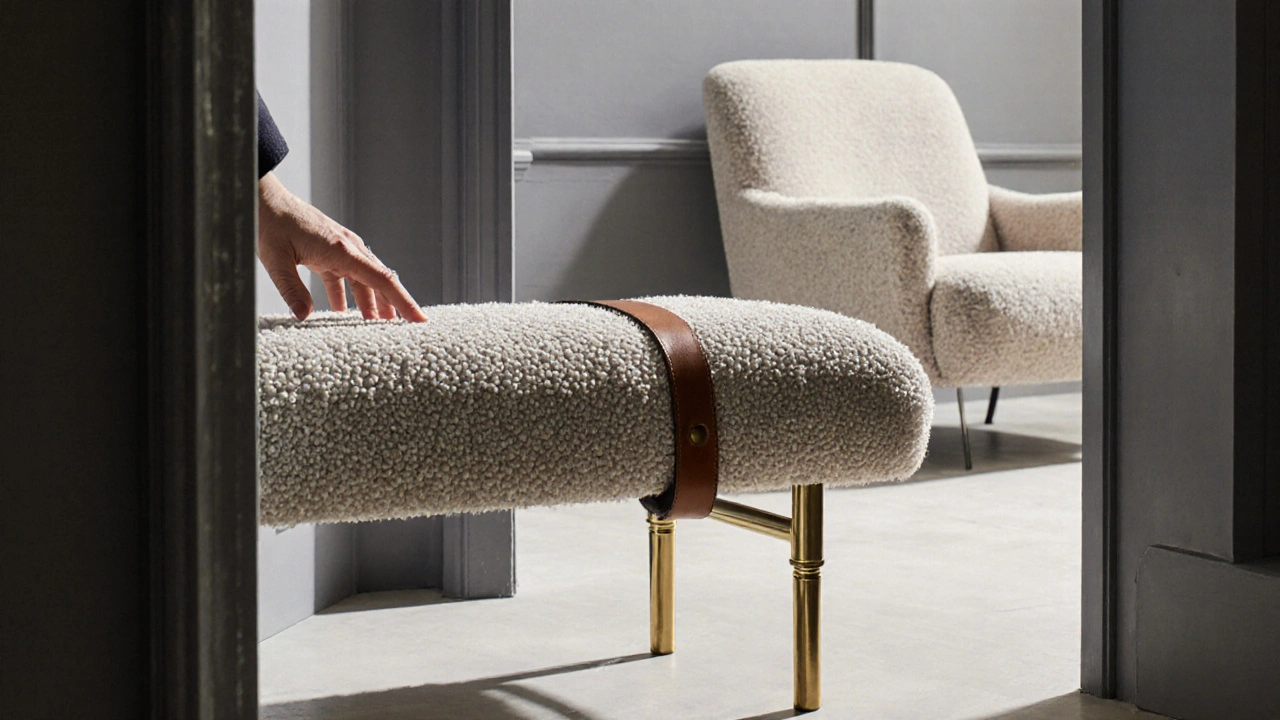 A bouclé bench with brass legs in a London hallway, a hand touching its textured surface as someone enters.