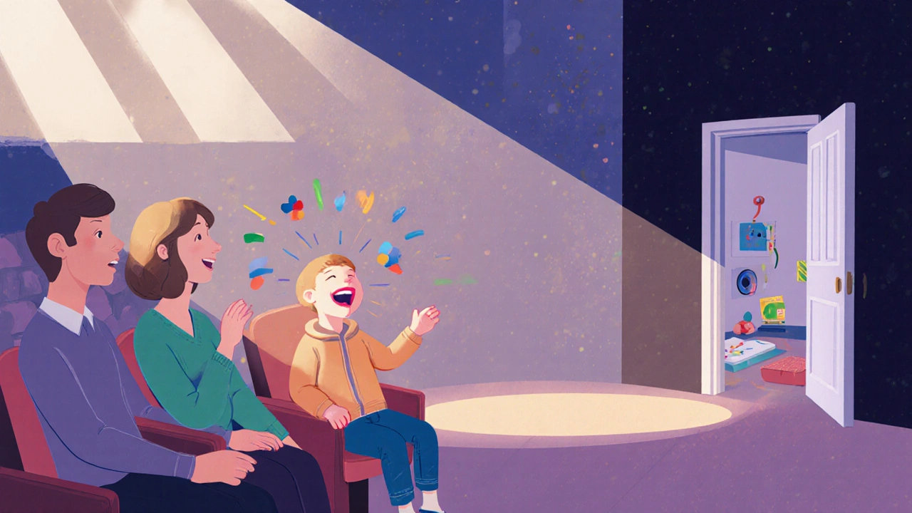 A child laughs during a relaxed theatre performance with softer lighting and a caregiver nearby.