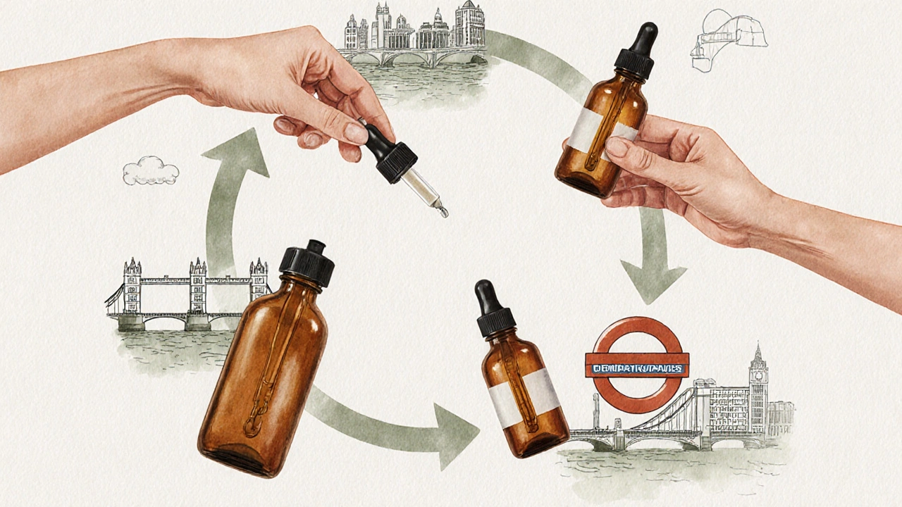 A circular illustration showing beauty products being refilled and reused in an endless loop with eco-friendly packaging materials.