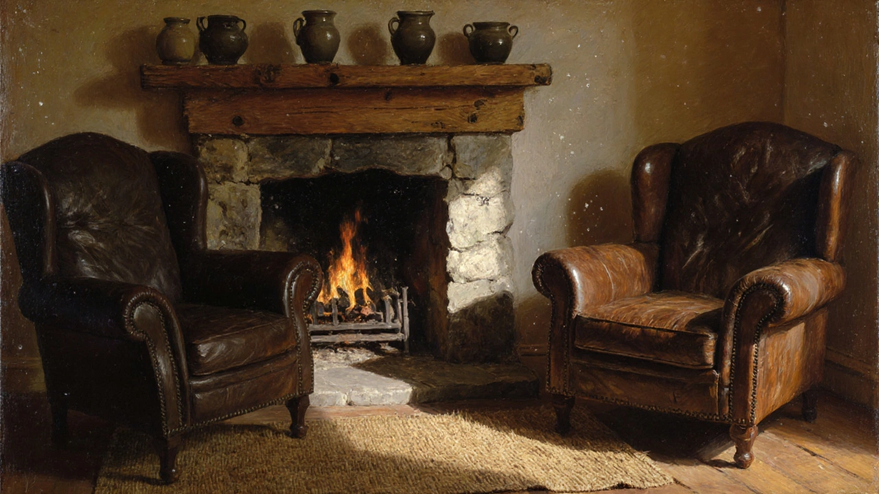 A cottage interior with pine shelves, limestone hearth, and worn leather chairs in soft morning light, no synthetic elements present.
