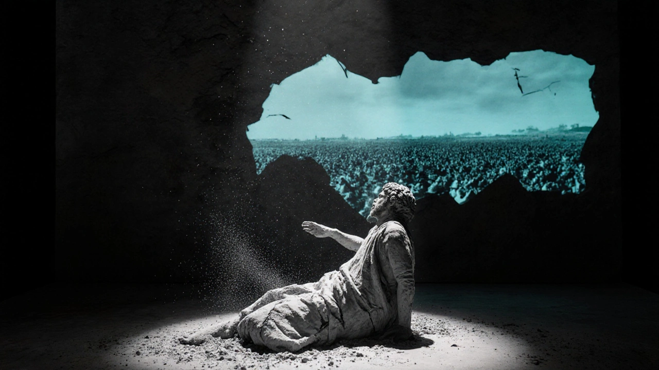 A cracked 3D-printed clay set from Antigone, with faint augmented reality battlefield projections glowing around it.