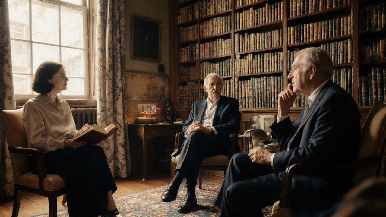 A diverse group of members in a book-lined library, engaged in quiet conversation over tea.