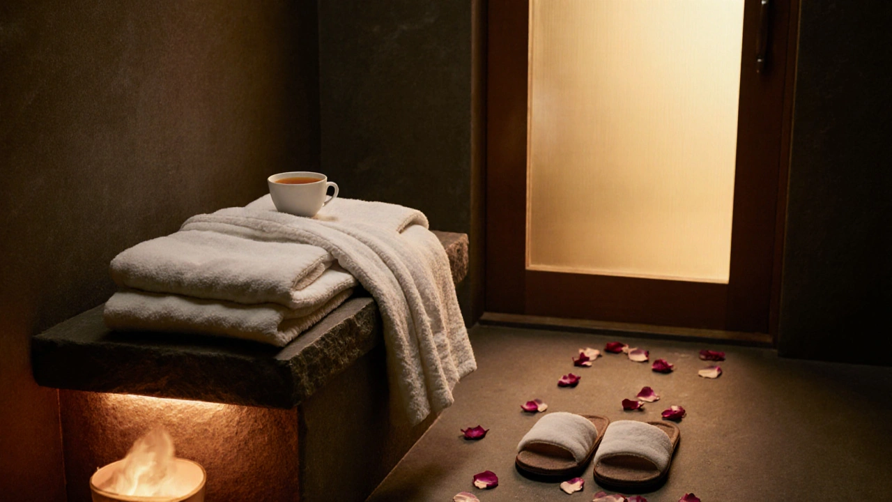 A folded white robe and warmed slippers sit beside a cup of tea, signaling quiet luxury after a spa treatment.