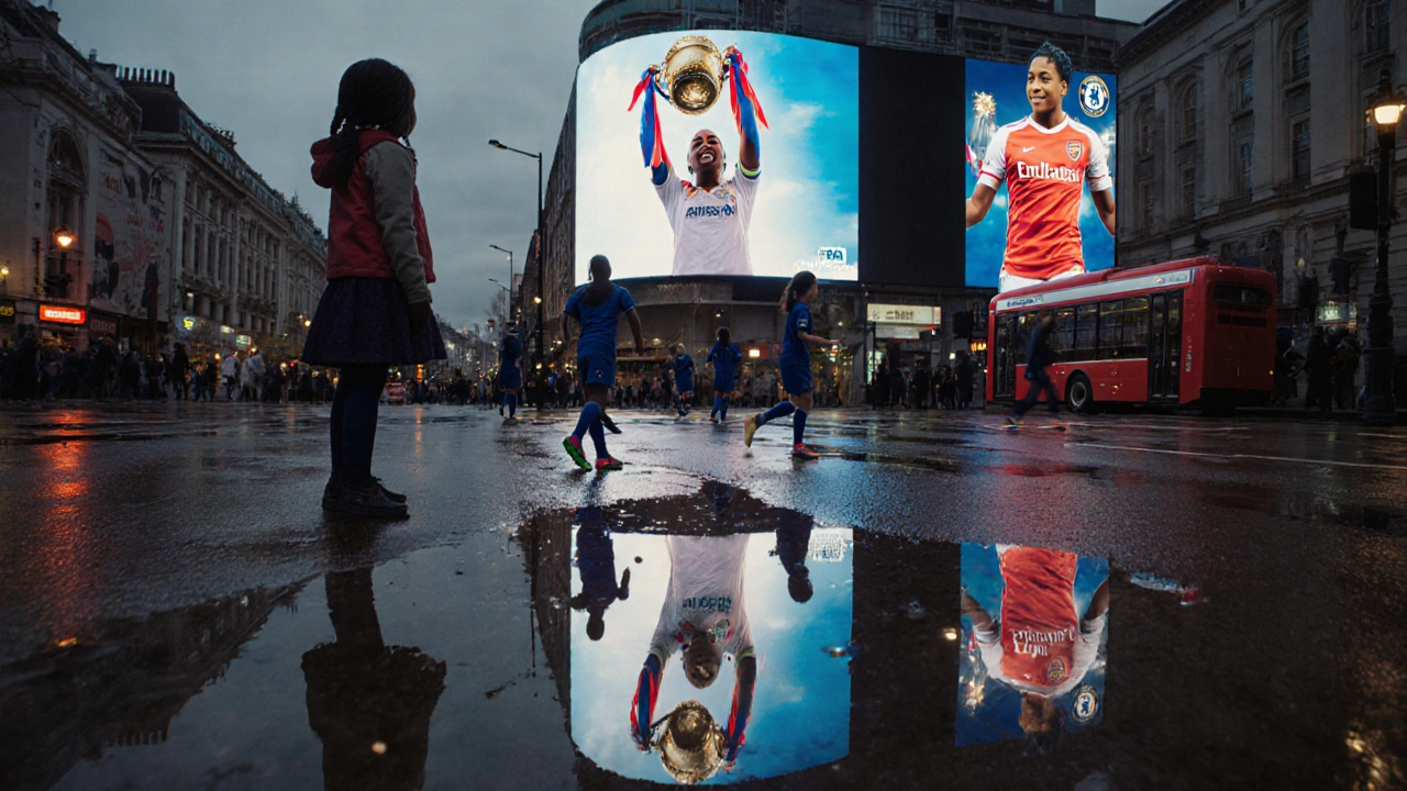 A girl in Brixton looks up at a billboard of Leah Williamson, her reflection showing other girls playing football on the street.