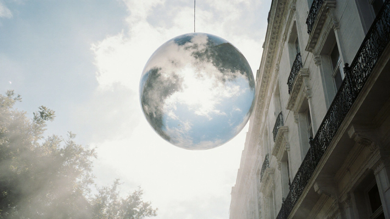 A glowing glass sphere floating between two townhouses, reflecting the changing sky.