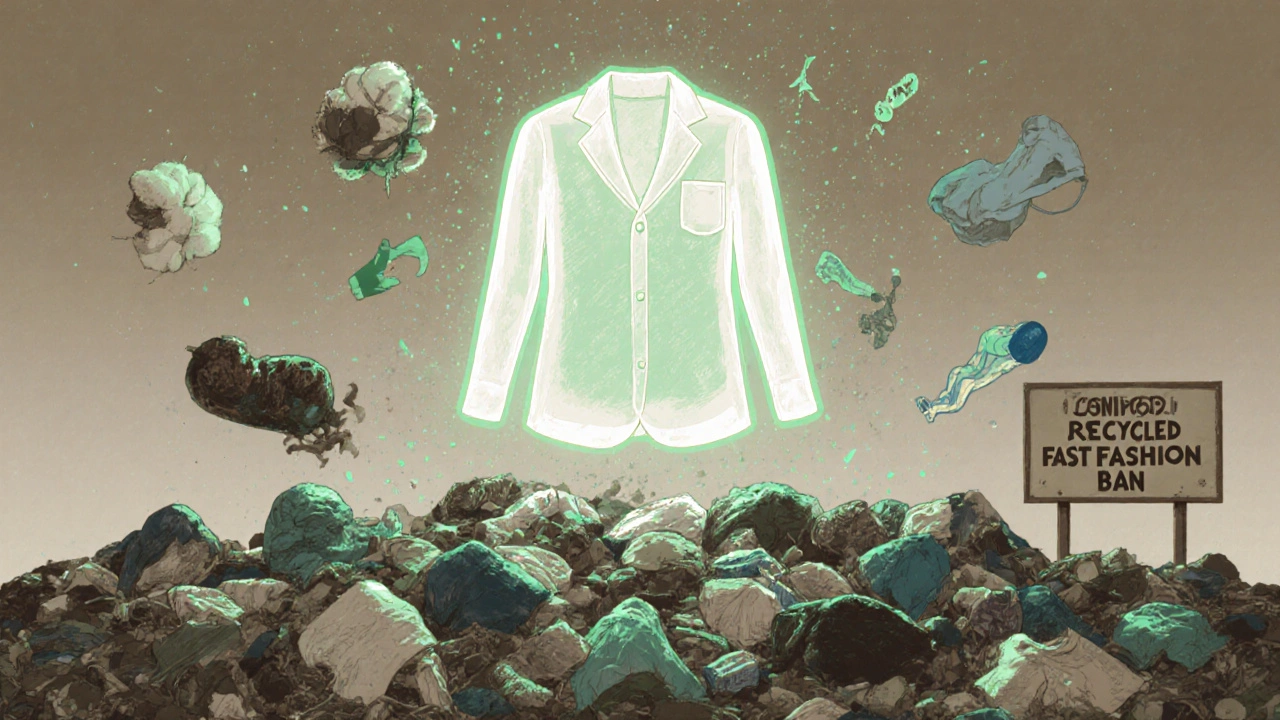 A glowing sustainable garment rising from a landfill of discarded fast fashion, symbolizing transformation and London&#039;s new environmental policies.