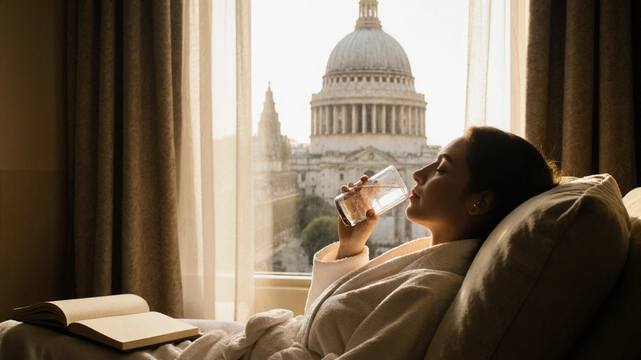 A guest relaxing in a sunlit spa lounge with views of St. Paul’s, wrapped in a robe, at peace.