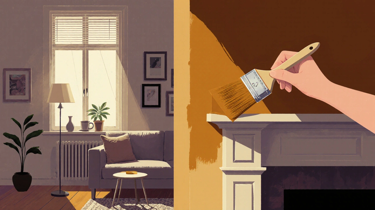 A hand painting a wall beside a chimney breast, with a cozy, thoughtfully arranged living room in the background.