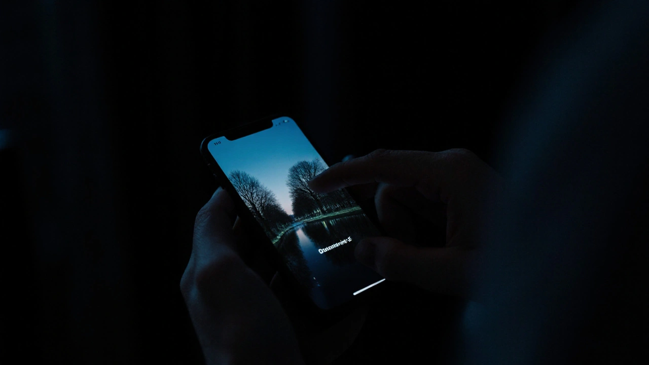 A hand turning off a smartphone at night, with the screen reflecting a calm park skyline, symbolizing digital detox.