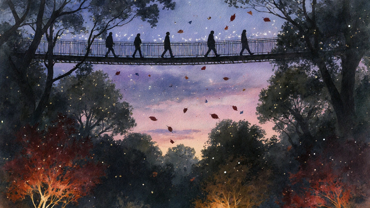 A high treetop walkway curves above a forest canopy at dusk, with visitors silhouetted against a fading twilight sky.