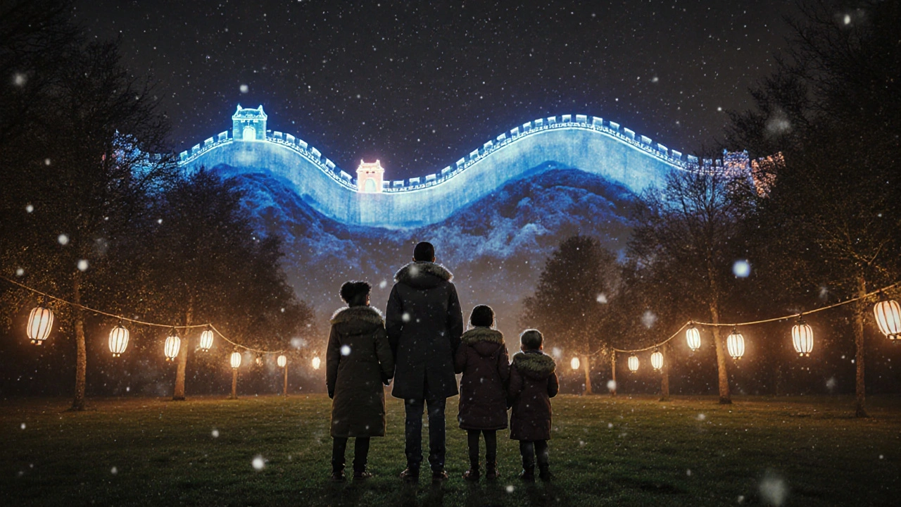 A holographic Great Wall projection glows across the garden as a family watches in wonder.