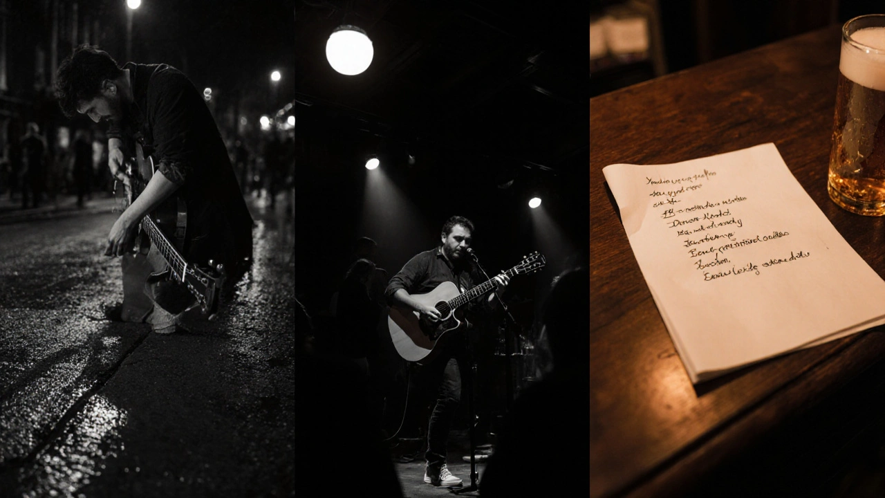 A journey from rain-soaked street to stage to connection: guitar, performance, and a handwritten note on a bar counter.