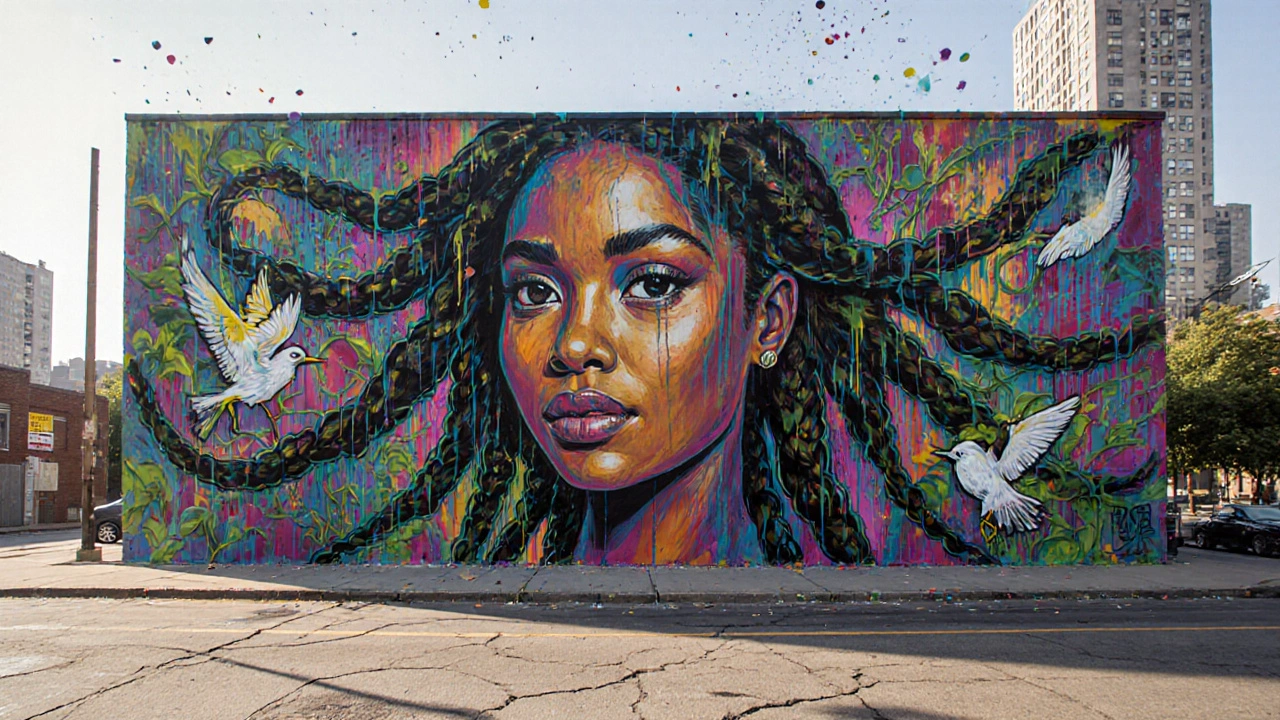 A large freehand mural of a woman with vine braids and birds on Peckham Library, vibrant colors and visible brush drips.