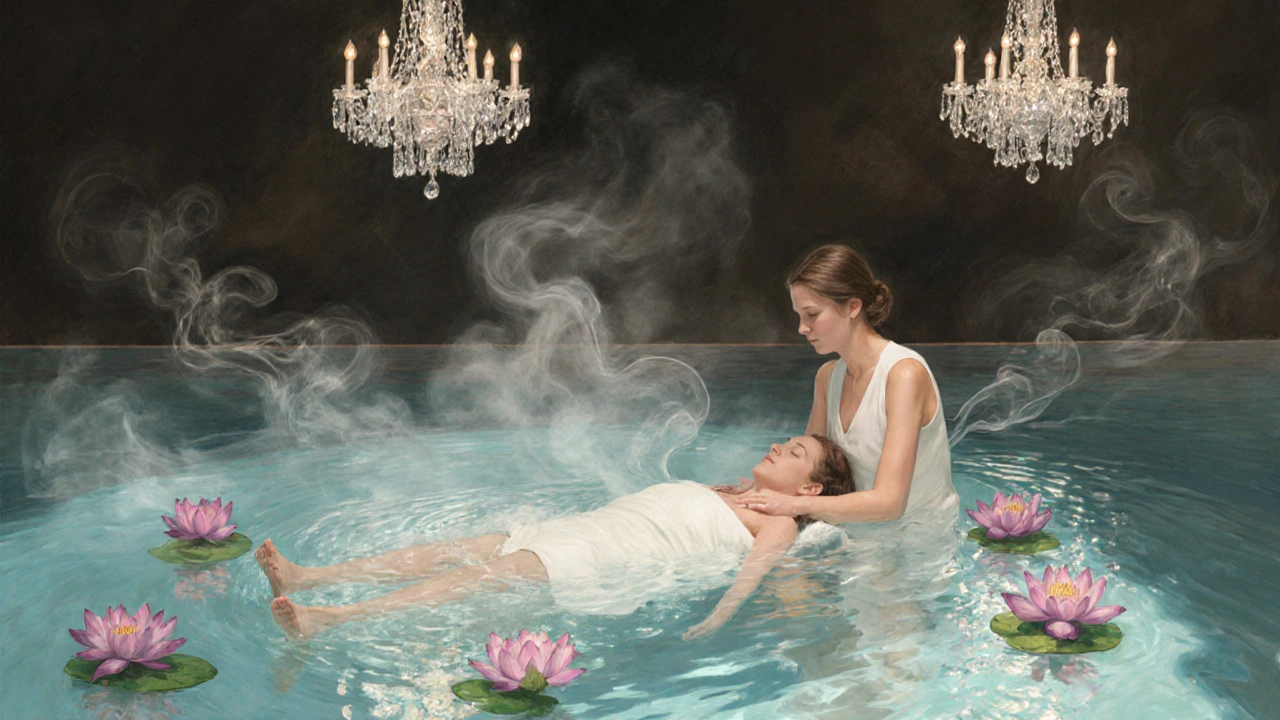 A person floats peacefully in a heated pool during Watsu therapy, cradled by a therapist&#039;s hands.