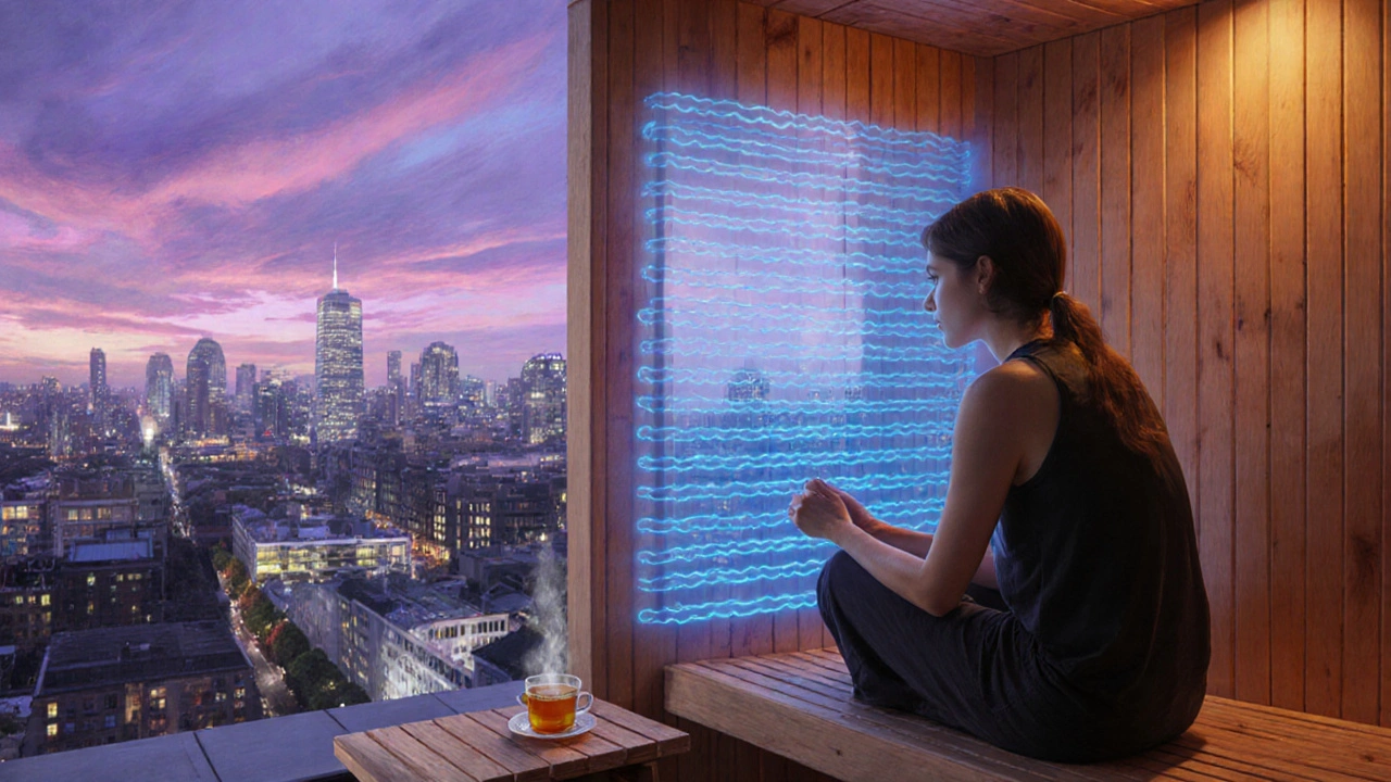 A person in a cedar infrared sauna on a London rooftop, surrounded by glowing city lights, with a cup of tea nearby in twilight.