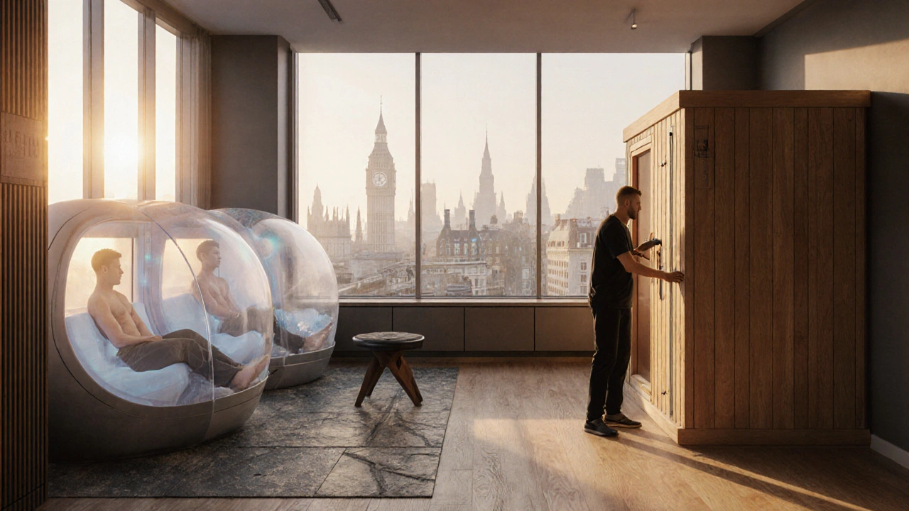 A person receiving recovery coaching in a serene gym lounge with cryotherapy pods and sauna, overlooking London&#039;s skyline.