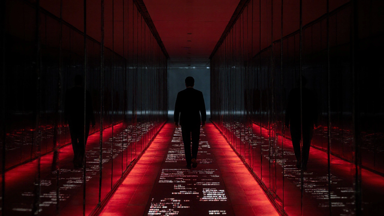 A person walks down a tilting mirrored corridor where their reflection slowly disappears.