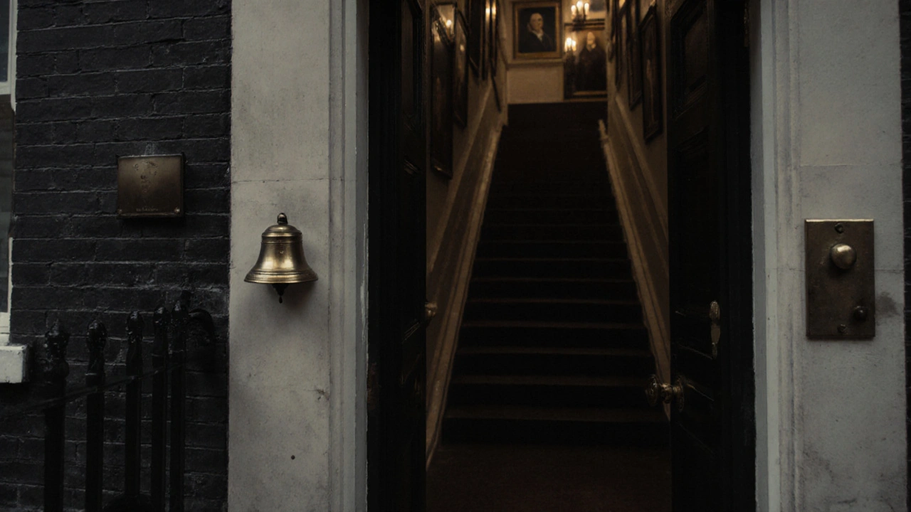 A plain, unmarked door on a London street with a brass bell, hinting at an exclusive private club within.