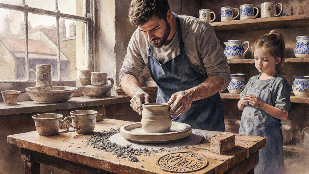 A potter shaping clay on a wheel in a sunlit Hackney studio, with handmade mugs on shelves nearby.
