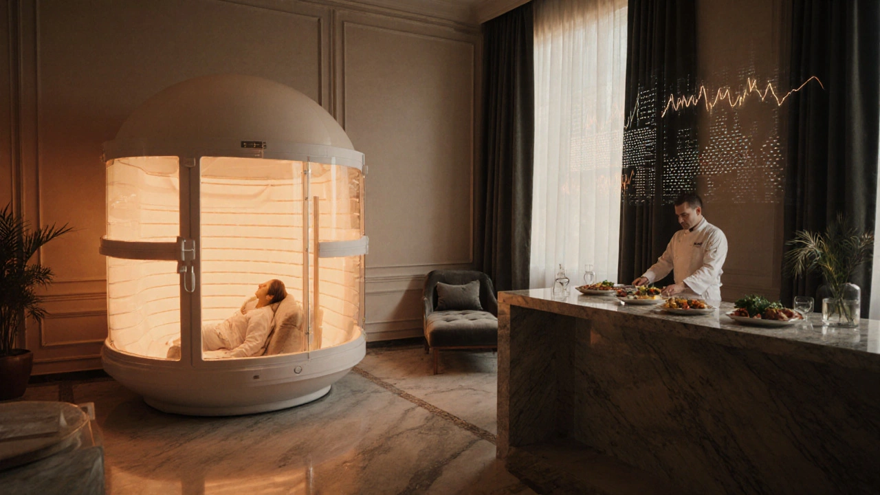 A private hyperbaric chamber and neurofeedback room in a hidden luxury spa with holographic brainwave visuals and gourmet food preparation.