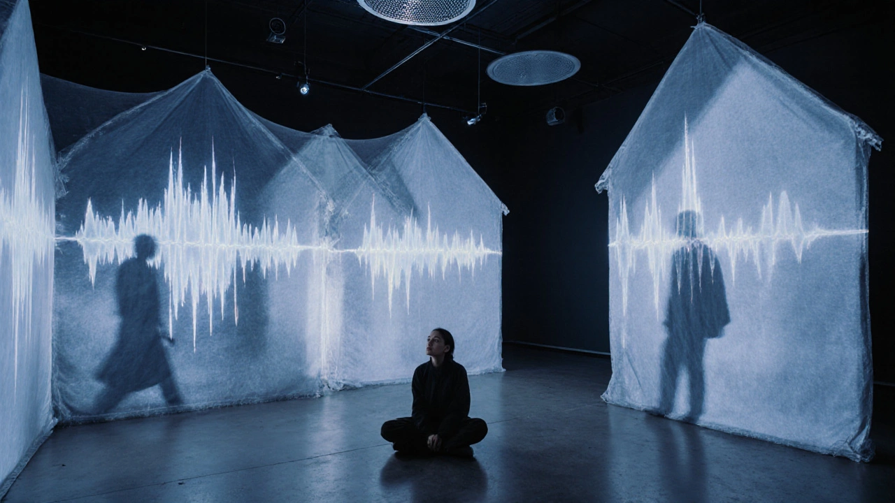A quiet installation of fabric homes with projected soundwaves, a visitor sitting alone, lost in the immersive atmosphere.