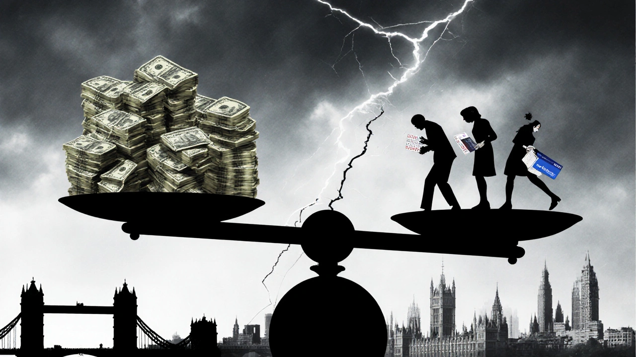 A scale tipped by landlord profits versus struggling tenants under a cracked London skyline.